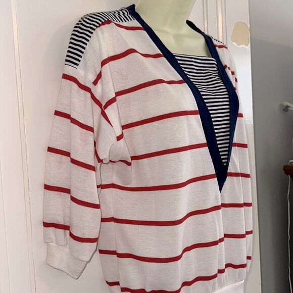 Vintage 70s/80s ACT 3 Red, White & Blue Striped Knit Top with 3/4 sleeves - Picture 5 of 8